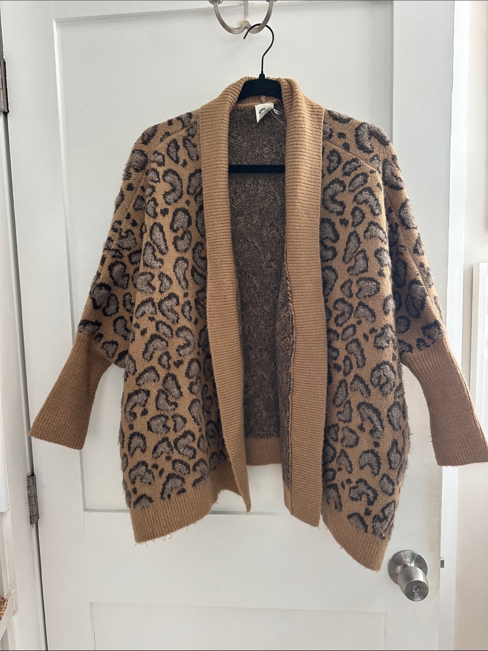 Leopard Print Open-Front Cardigan Sweater - Camel